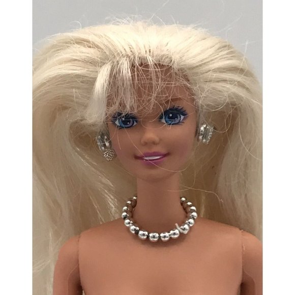Barbie Doll Long Blonde Hair Blue Gold Eyes Silver Necklace & Earrings Nude GUC - Picture 3 of 8